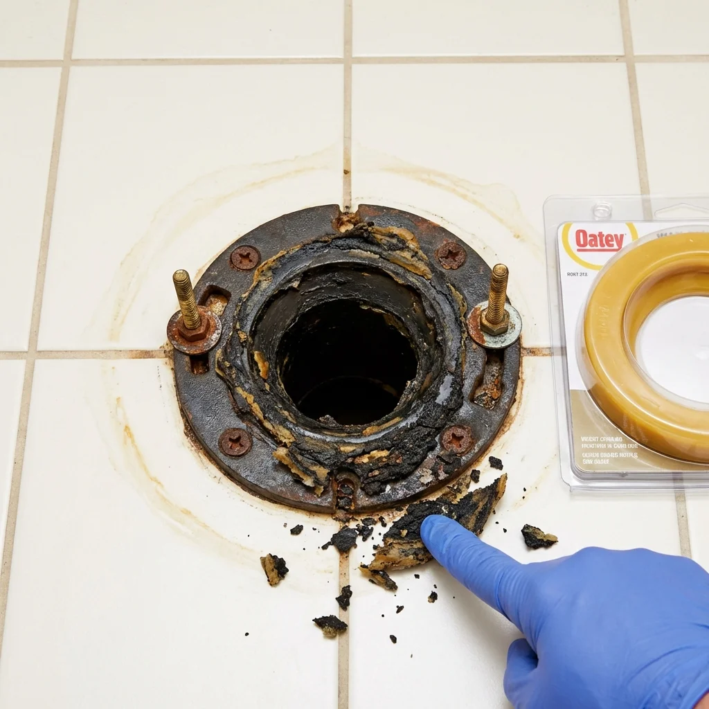 Failed wax ring showing water seepage at the base of a toilet in a Augusta, GA home