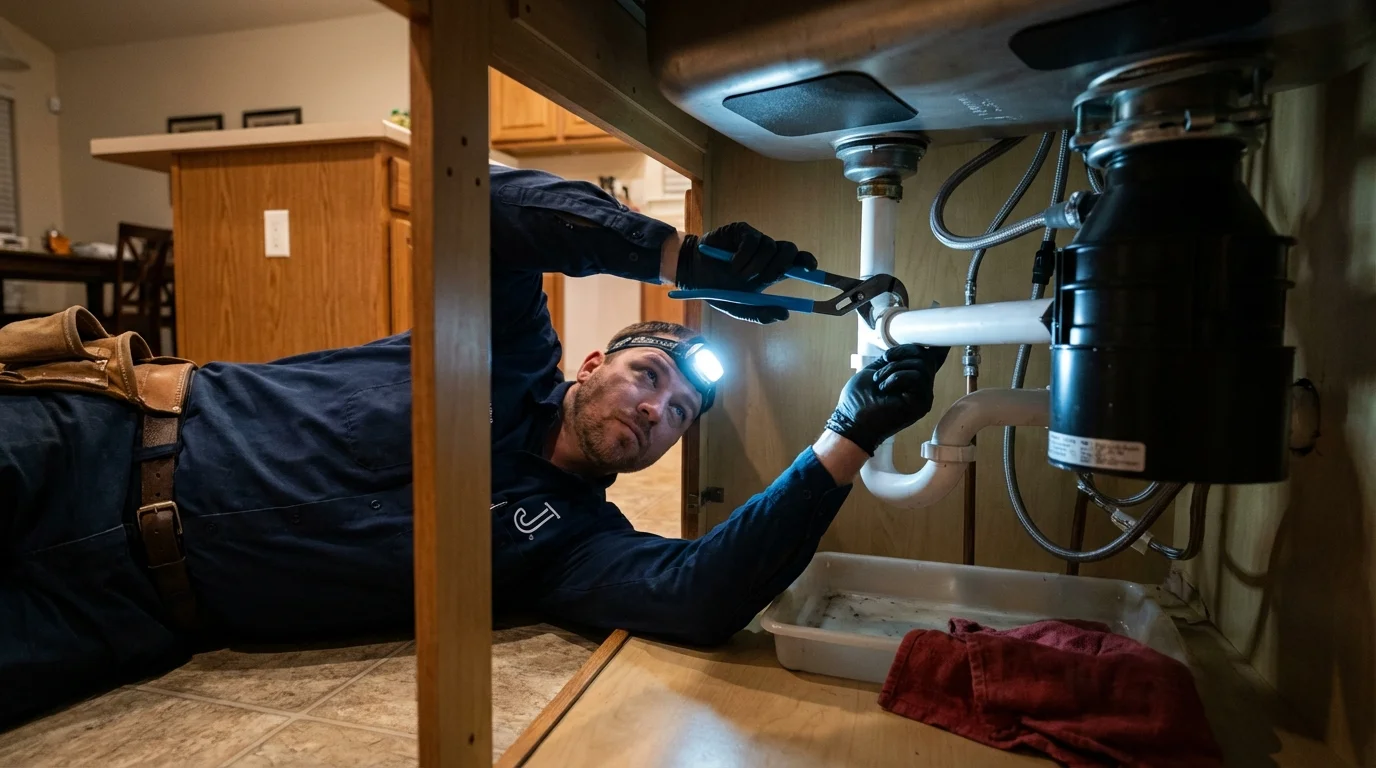 P-trap and supply line connections under a kitchen sink showing a common leak point in Augusta, GA